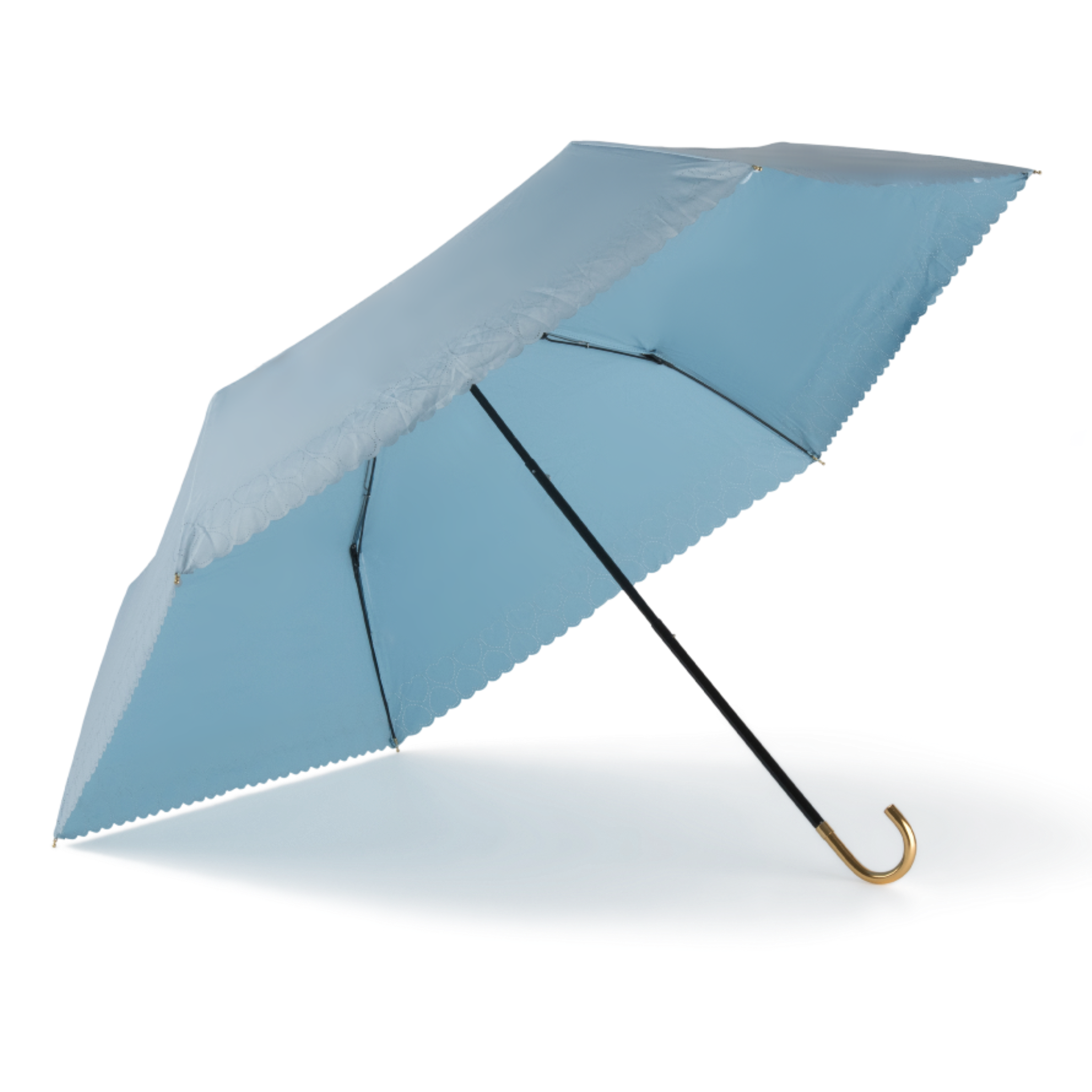 Sunbarry Romantic Breezer UV-Sonnenschirm in Sky Blue – geöffnet, Goldgriff, Herzbordüre