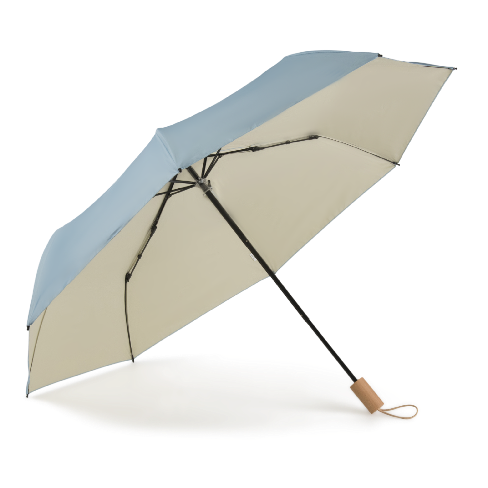 Sunbarry Cool Shader UV-Sonnenschirm in Sky & Sand – geöffnet, Holzgriff, zweifarbig blau-creme