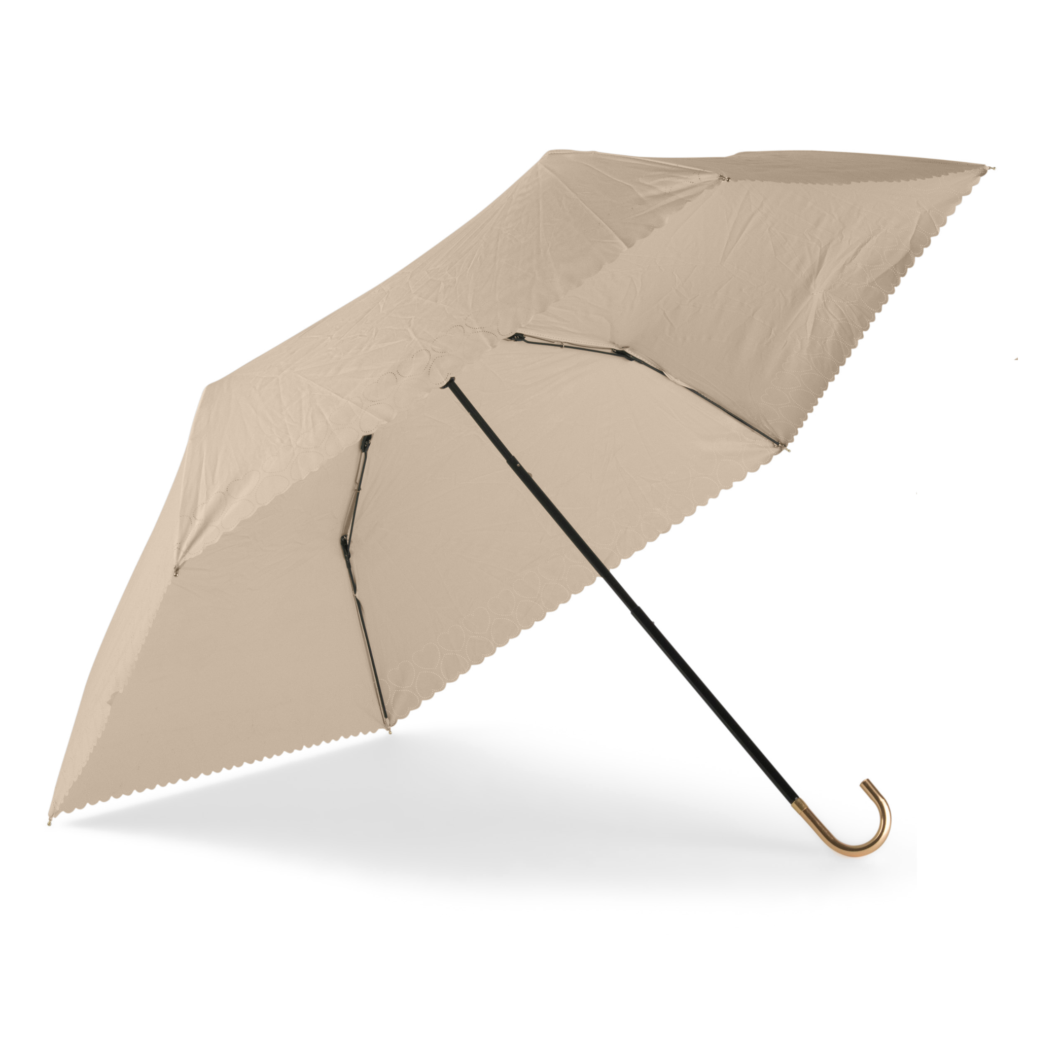 Sunbarry Romantic Breezer UV umbrella in Pearl Beige – open, with gold handle and heart trim#Color_Pearl Beige